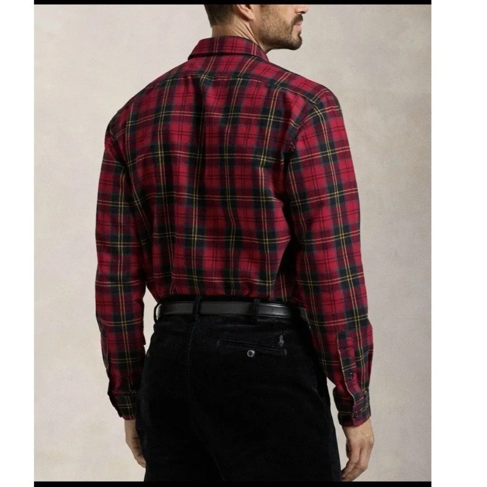 Polo Ralph Lauren Mens Medium Red Black Tartan Oxford Sport Shirt Cotton Pocket
